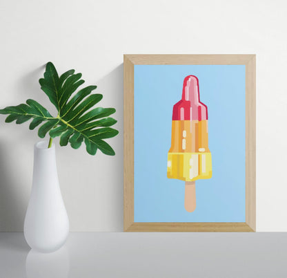 “Rocket Science” by Floor 4 Productions – Colorful A4 art print of a red-yellow rocket-shaped popsicle on a blue background, digital pop art illustration printed in Belgium on matte paper.