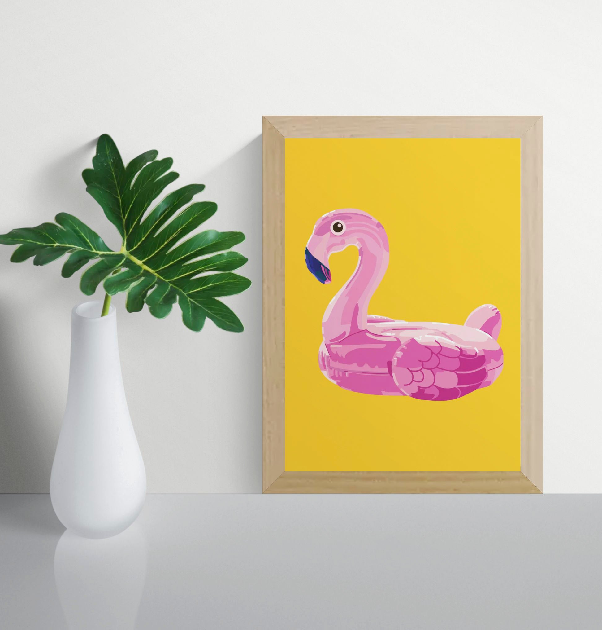 Colourful vertical digital illustration of a pink flamingo pool float on a bright yellow background, playful contemporary wall art for bedrooms, kitchens, nurseries, or creative interiors.