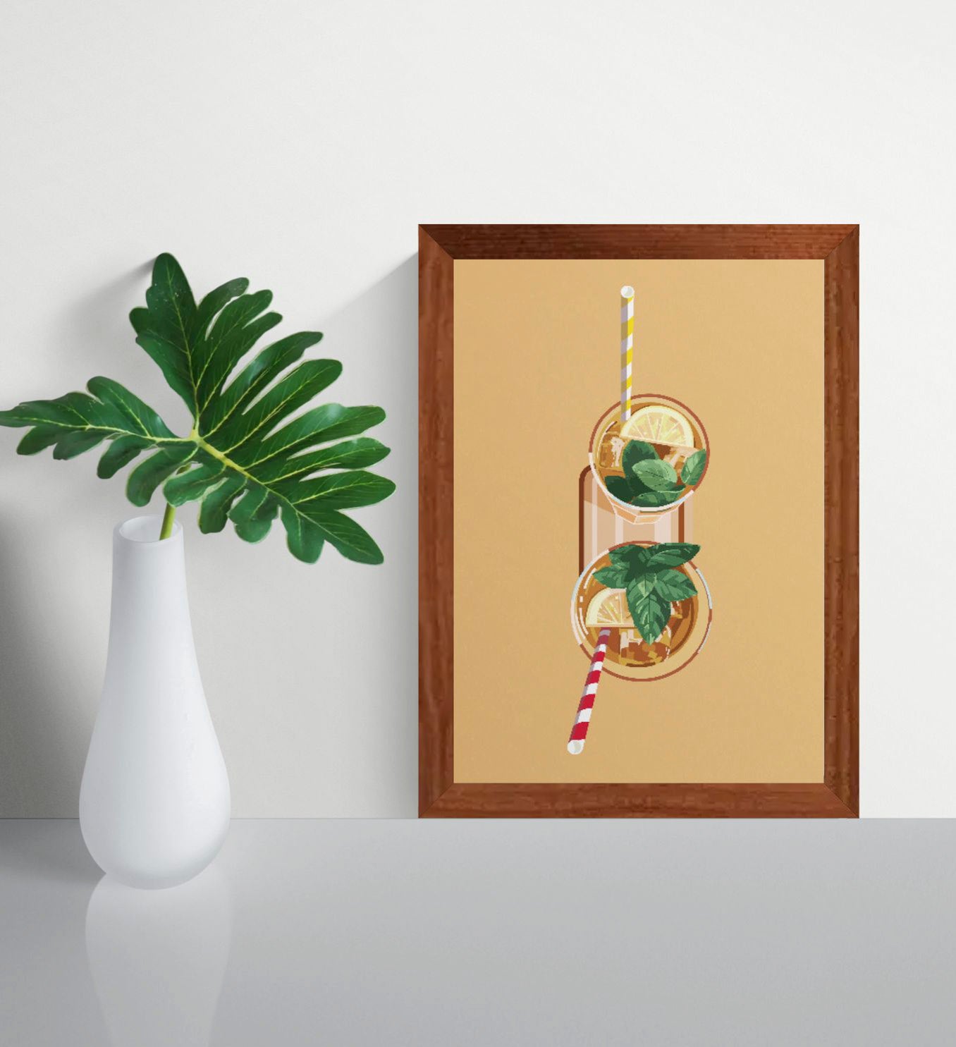 Vertical digital illustration of two citrus drinks viewed from above, with striped straws, mint leaves and warm orange tones. Playful A4 wall art for kitchens, dining rooms or home bars.