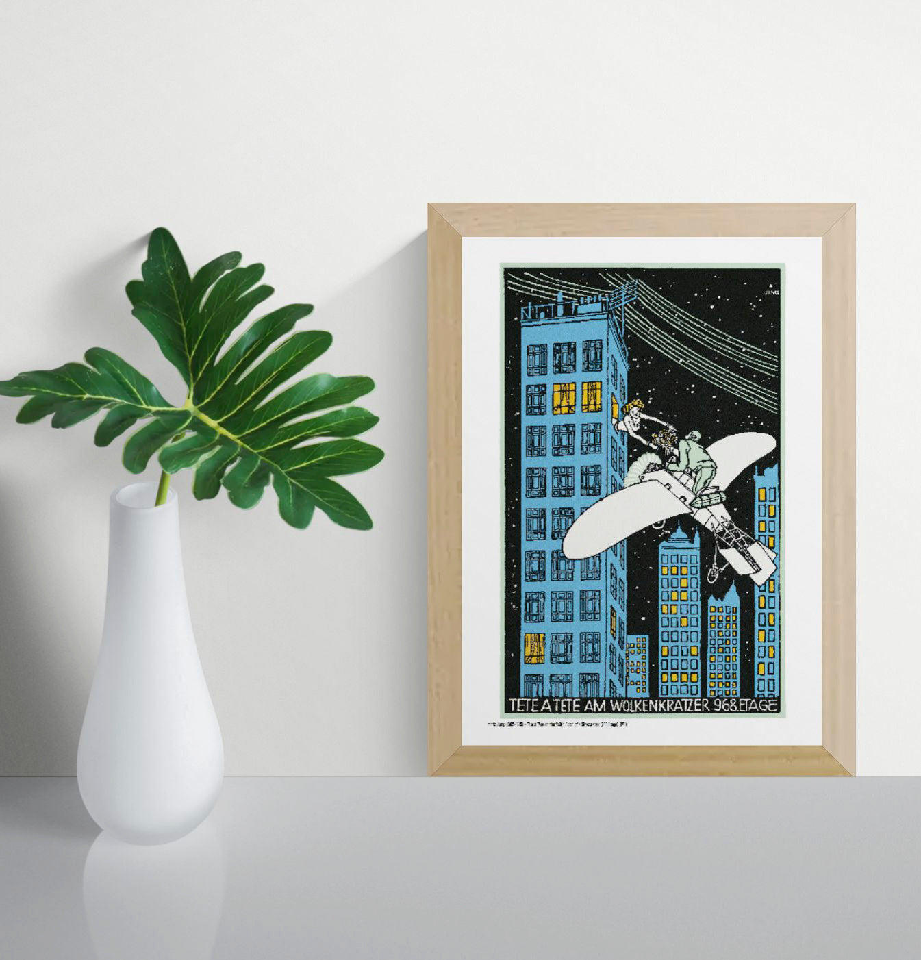 Vertical vintage giclée art print by Moriz Jung showing a man in an aeroplane offering flowers to a woman in a skyscraper, with blue buildings, yellow windows and a black night sky, ideal for playful wall decor.