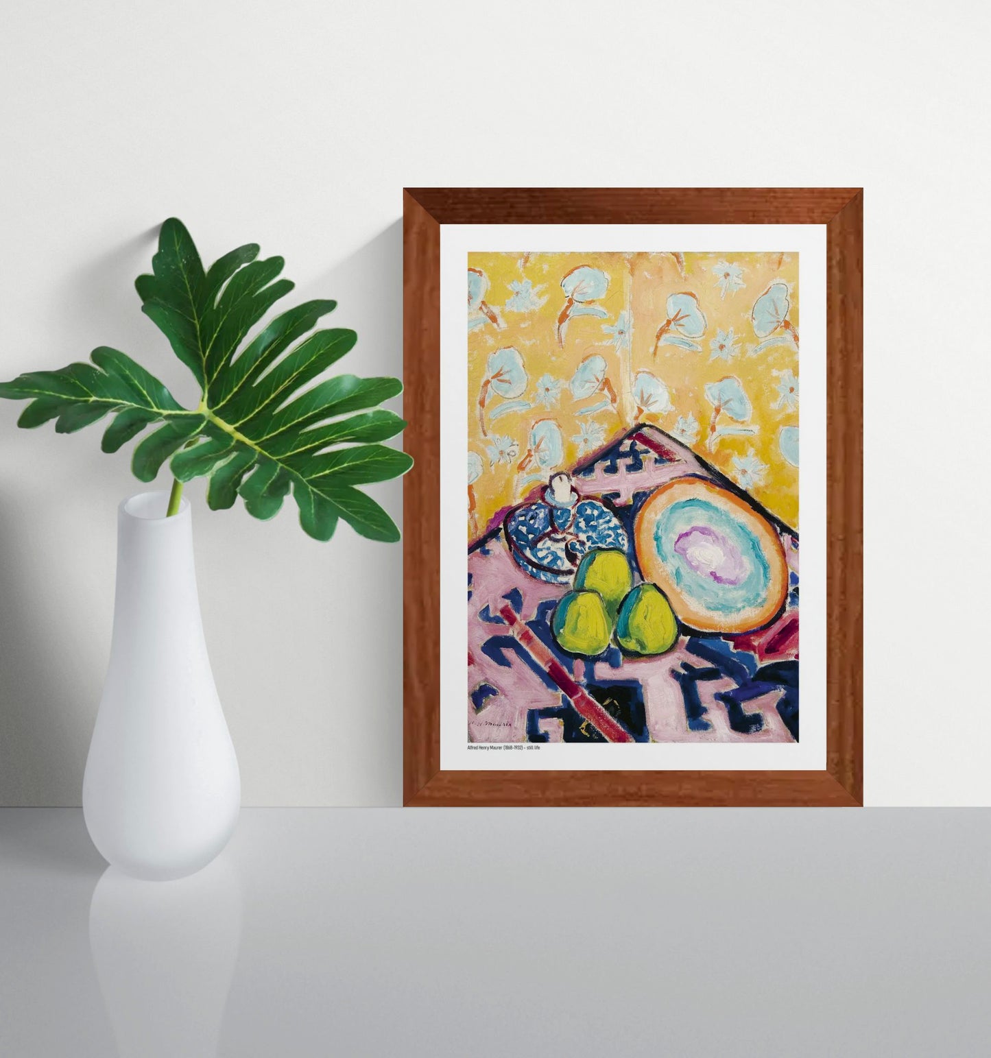 Portrait A4 art print of a colourful still life by Alfred Henry Maurer, featuring green fruit, a large circular plate and floral patterns in orange, turquoise, pink and blue, ideal for kitchen, dining room or eclectic wall decor.