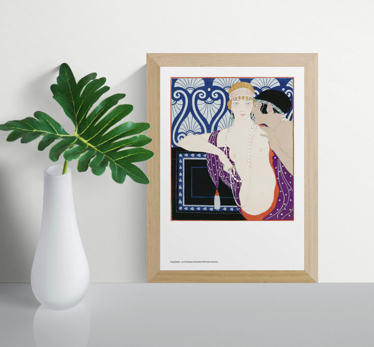Portrait-oriented Art Deco illustration of two elegantly dressed figures in blue, purple, red and cream, with pearls and decorative patterns, reproduced as an A4 digital print for bedroom or gallery wall decor.