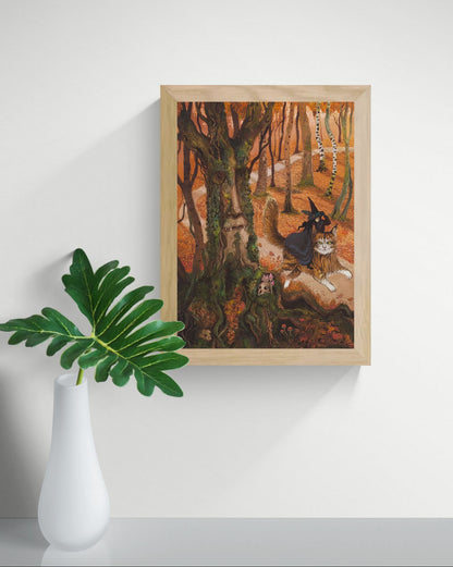 Whimsical autumn forest illustration featuring a witch riding a giant cat beside an ancient tree spirit with a human face, detailed fantasy artwork in warm orange, green, and brown tones, vertical giclée wall art for cosy home decor.