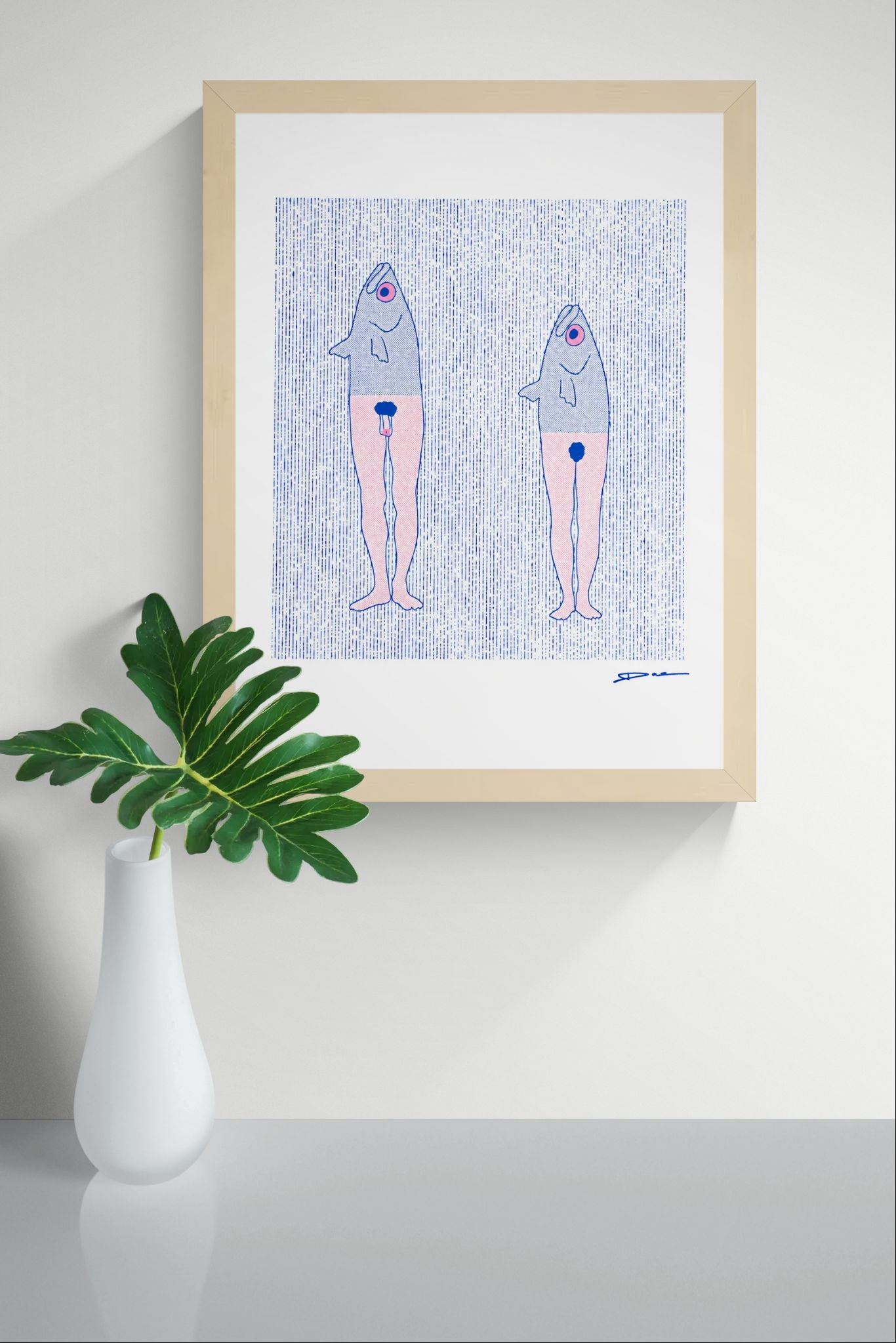 Humorous risograph art print featuring two surreal anthropomorphic fish-mermaids in blue and pink tones, minimalist graphic illustration with textured risograph pattern, vertical composition, playful contemporary wall art for modern home decor.