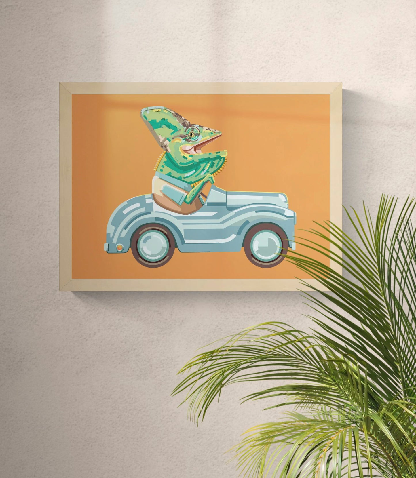 Art print “Fastest and Funniest” by Floor 4 Productions, humorous illustration of a chameleon and toy car, graphic animal wall art in A4 and A3.