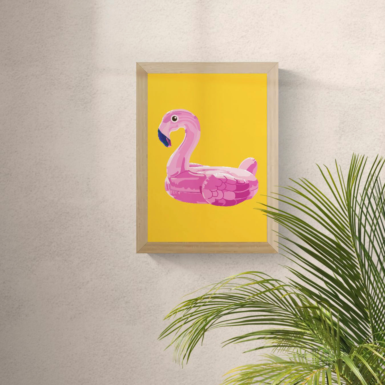 Colourful vertical digital illustration of a pink flamingo pool float on a bright yellow background, playful contemporary wall art for bedrooms, kitchens, nurseries, or creative interiors.