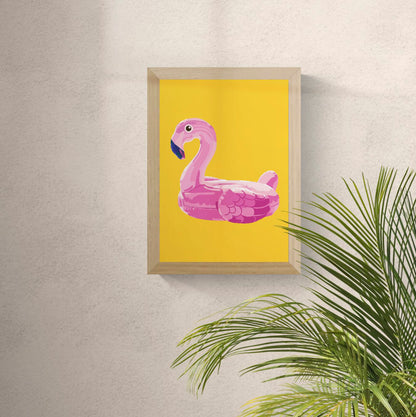 Colourful vertical digital illustration of a pink flamingo pool float on a bright yellow background, playful contemporary wall art for bedrooms, kitchens, nurseries, or creative interiors.