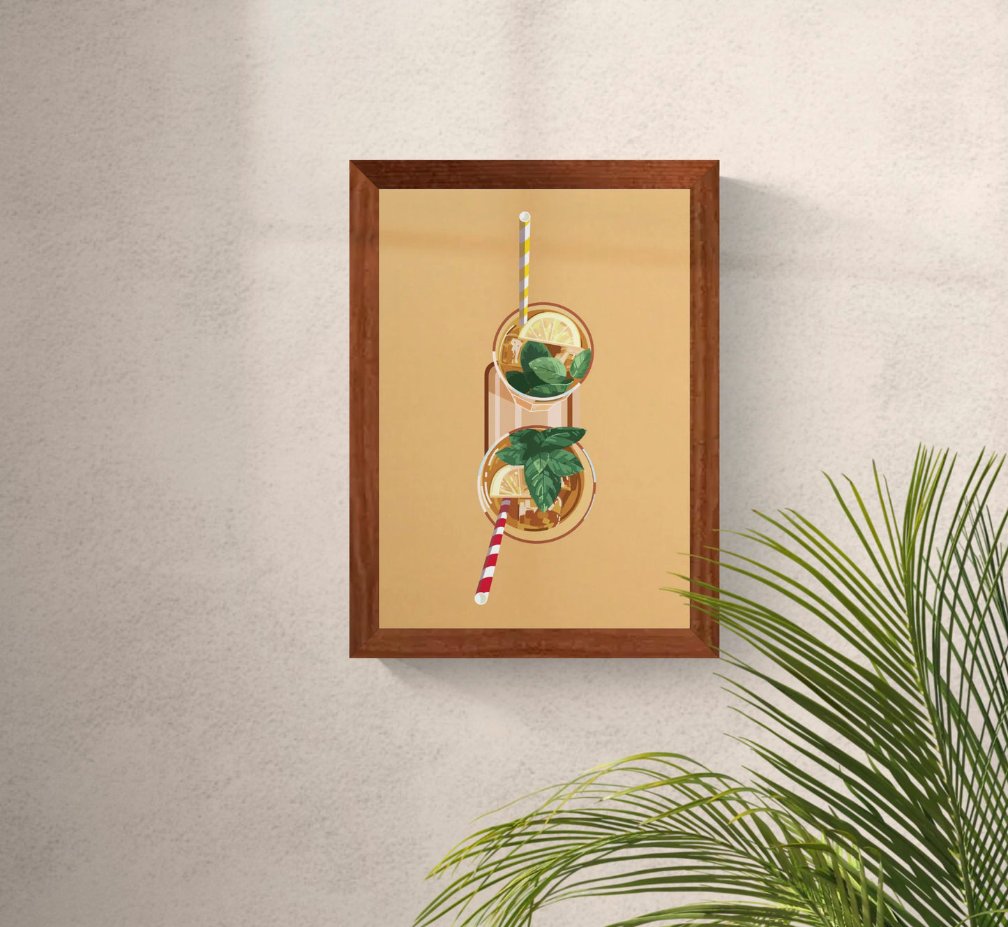 Vertical digital illustration of two citrus drinks viewed from above, with striped straws, mint leaves and warm orange tones. Playful A4 wall art for kitchens, dining rooms or home bars.