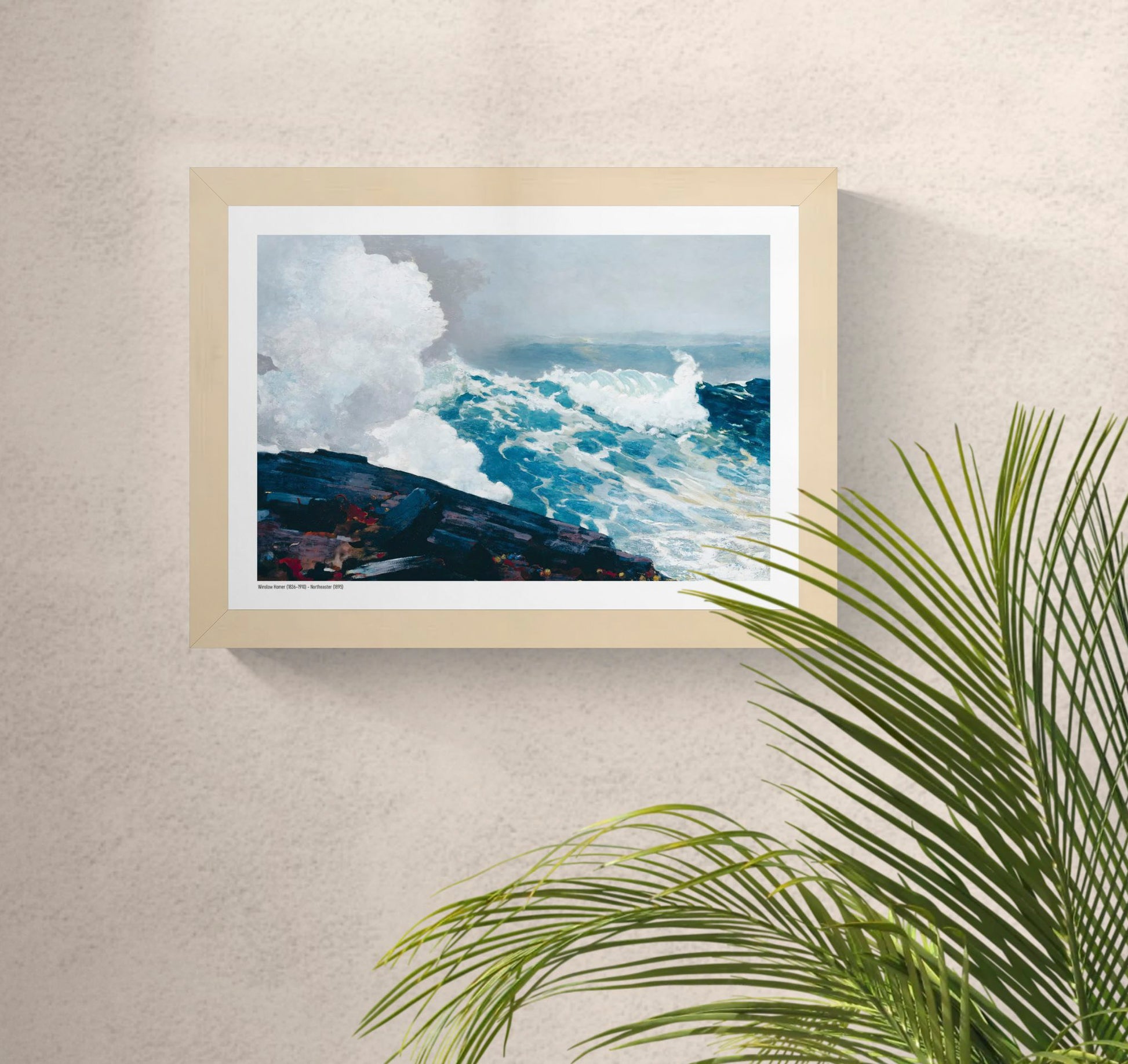 Northeaster by Winslow Homer, horizontal digital art print showing powerful turquoise ocean waves crashing against dark rocks, with white sea foam and a misty blue sky, ideal as coastal wall art.