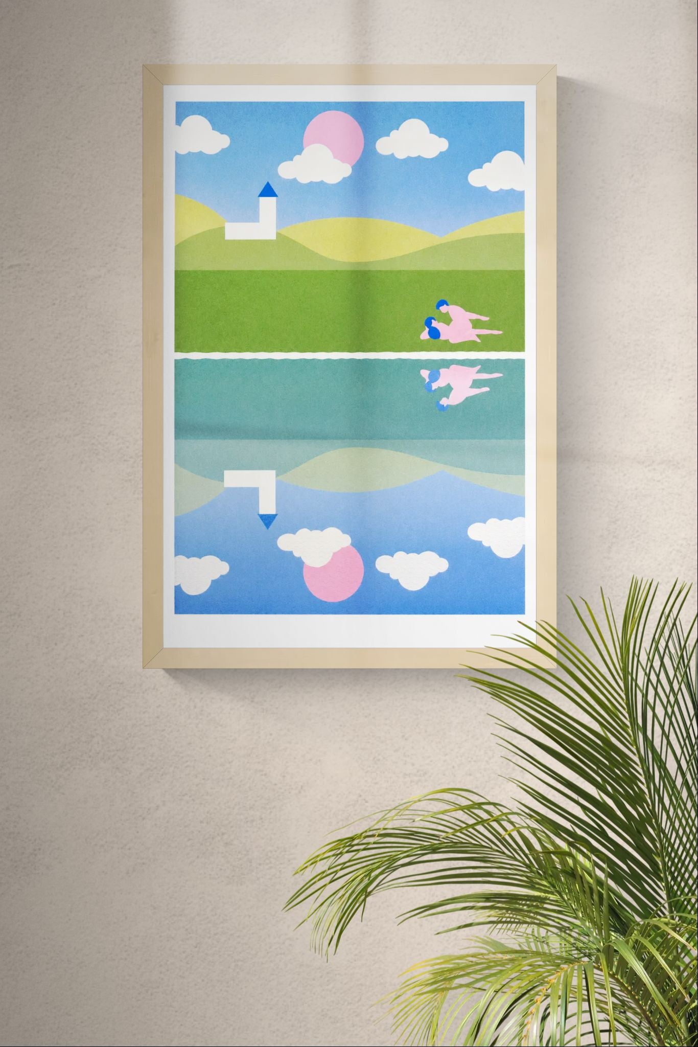 Risograph art print titled A peaceful town by Studio Stoutpoep, featuring a surreal countryside scene with rolling hills, a white church, and two nude figures in an intimate moment near a reflective lake. A2 size print in soft pastel colors, printed in Belgium with soy-based inks.