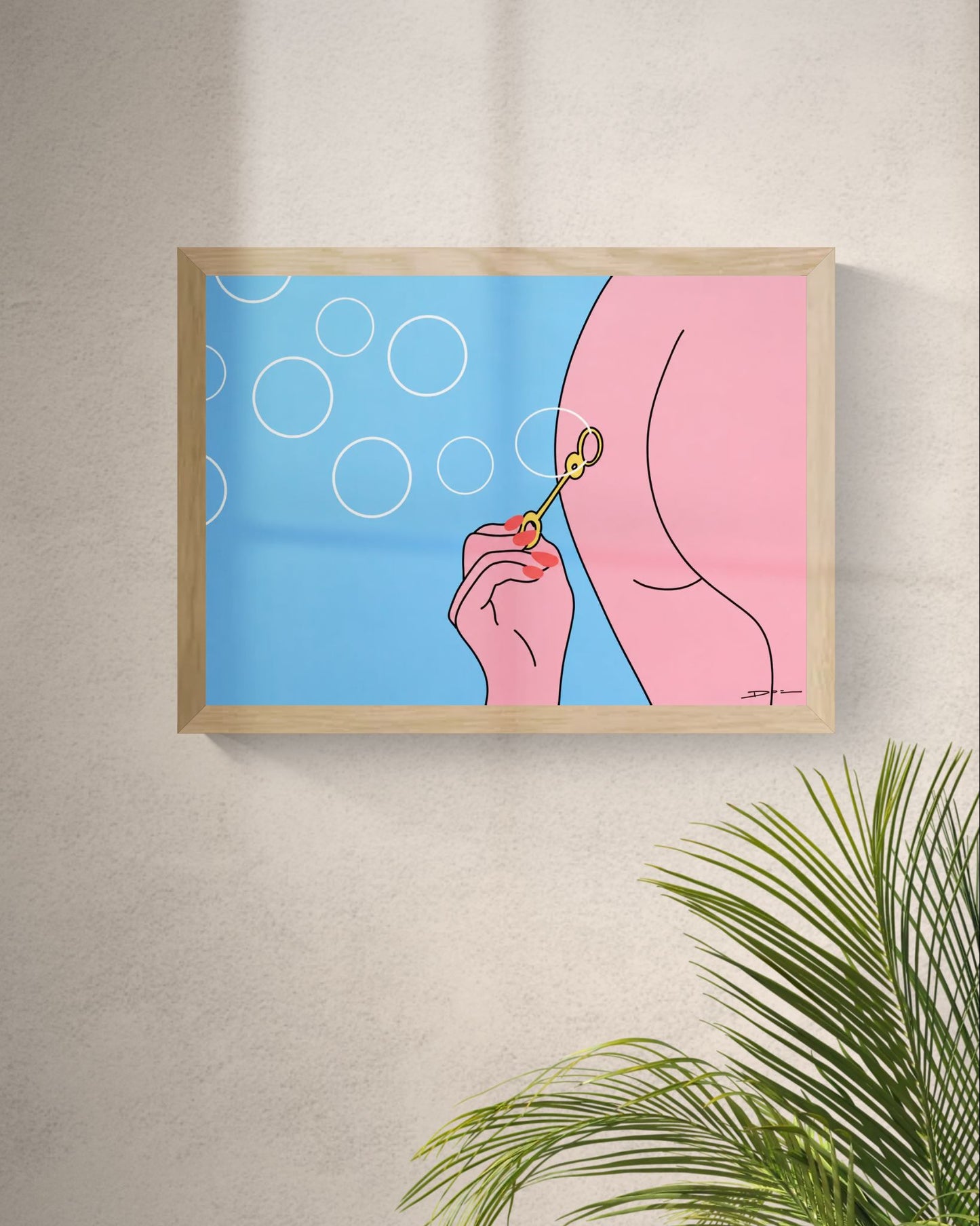 Minimalist digital art print showing a person blowing soap bubbles through a bubble wand held between the buttocks, featuring soft pink tones, blue background, clean black lines, and playful contemporary illustration for modern wall decor.
