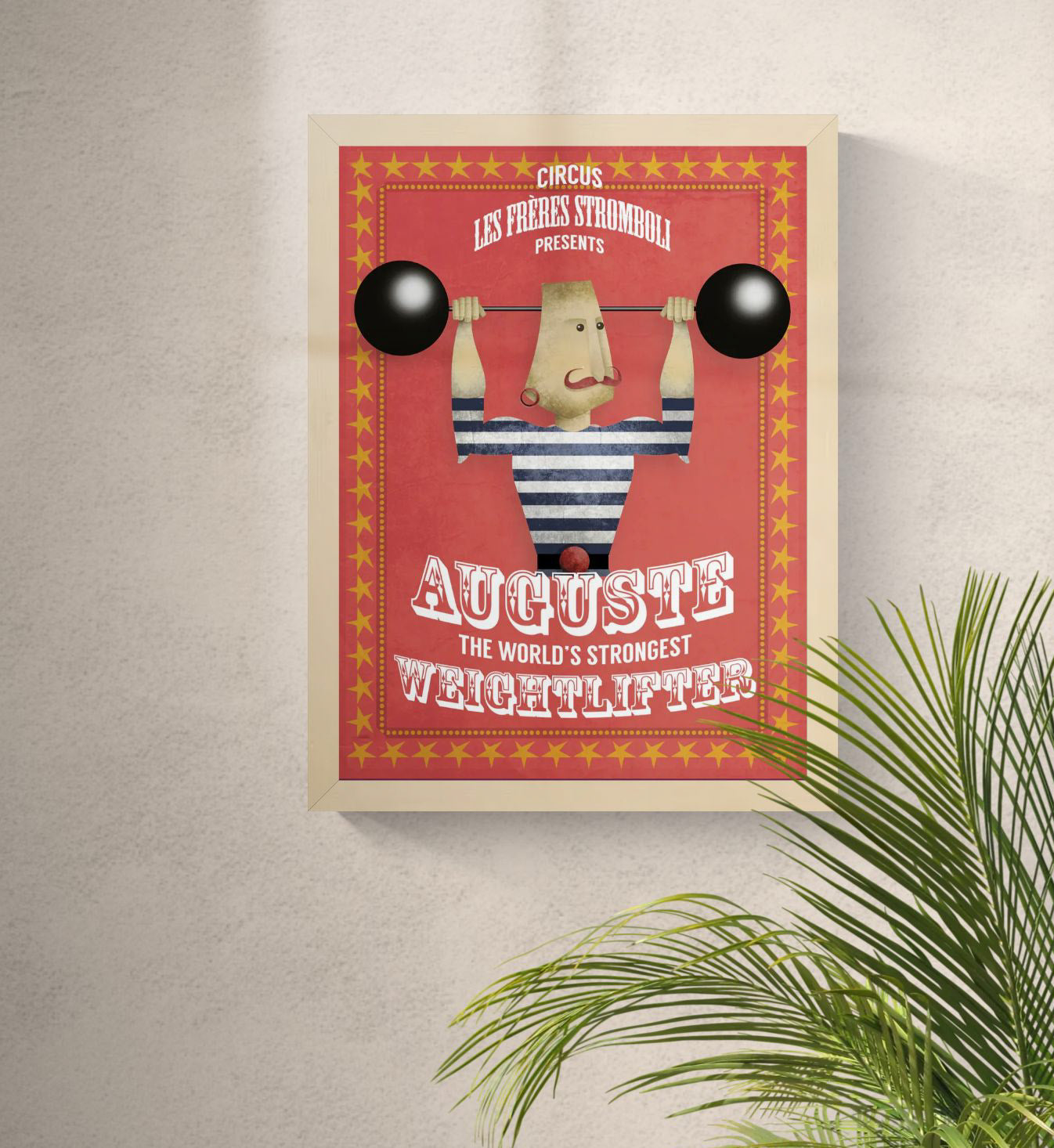 Playful vintage-style illustration by Studio Frits titled 'Auguste Stromboli,' designed as a fictional circus poster featuring a strongman in a striped suit lifting cartoonishly large barbells. Surrounded by red and yellow star borders with bold typography, this whimsical artwork channels classic circus charm—perfect for eclectic interiors, children's rooms, or collectors of retro-inspired prints