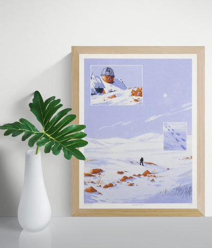 Mt Aragats by Linde Raats, a vertical giclée print showing a lone traveller in a snowy blue mountain landscape with orange rocks and an observatory, ideal as peaceful wall art for a living room or office.