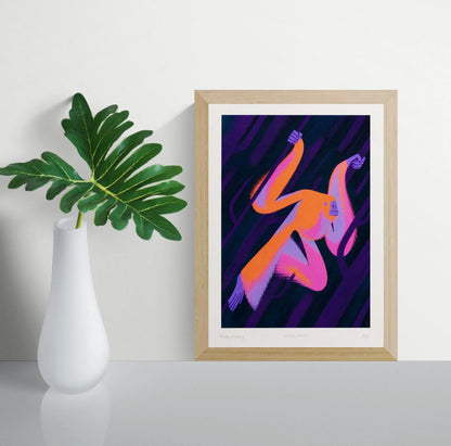 Funky Monkey by Linde Raats, vertical A4 giclée print of an orange and pink monkey swinging through a dark purple jungle, playful wall art for modern home decor.