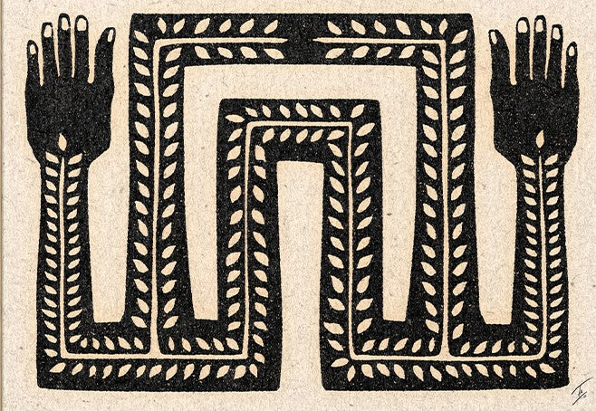 Black and white minimalist art print titled "It Flows Through Us" by Tuyo, featuring two stylized arms with organic leaf patterns, symbolic of nature and inner flow – 30x40 cm digital print made in Spain.