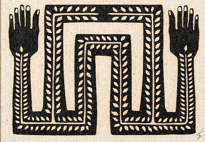 Black and white minimalist art print titled "It Flows Through Us" by Tuyo, featuring two stylized arms with organic leaf patterns, symbolic of nature and inner flow – 30x40 cm digital print made in Spain.