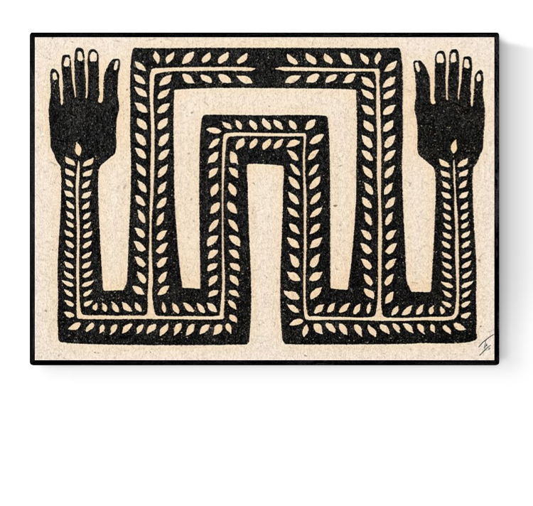 Black and white minimalist art print titled "It Flows Through Us" by Tuyo, featuring two stylized arms with organic leaf patterns, symbolic of nature and inner flow – 30x40 cm digital print made in Spain.