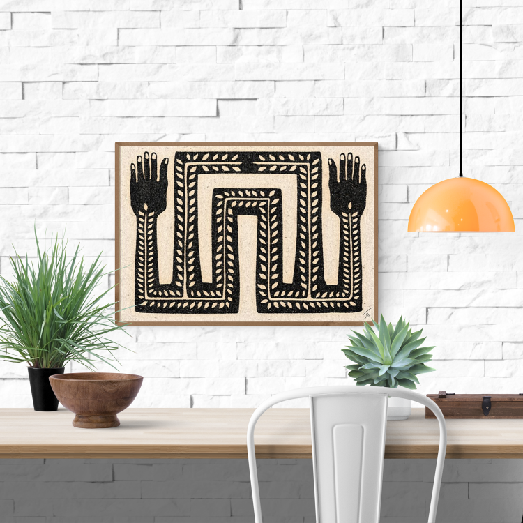 Black and white minimalist art print titled "It Flows Through Us" by Tuyo, featuring two stylized arms with organic leaf patterns, symbolic of nature and inner flow – 30x40 cm digital print made in Spain.