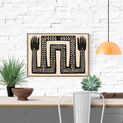 Black and white minimalist art print titled "It Flows Through Us" by Tuyo, featuring two stylized arms with organic leaf patterns, symbolic of nature and inner flow – 30x40 cm digital print made in Spain.