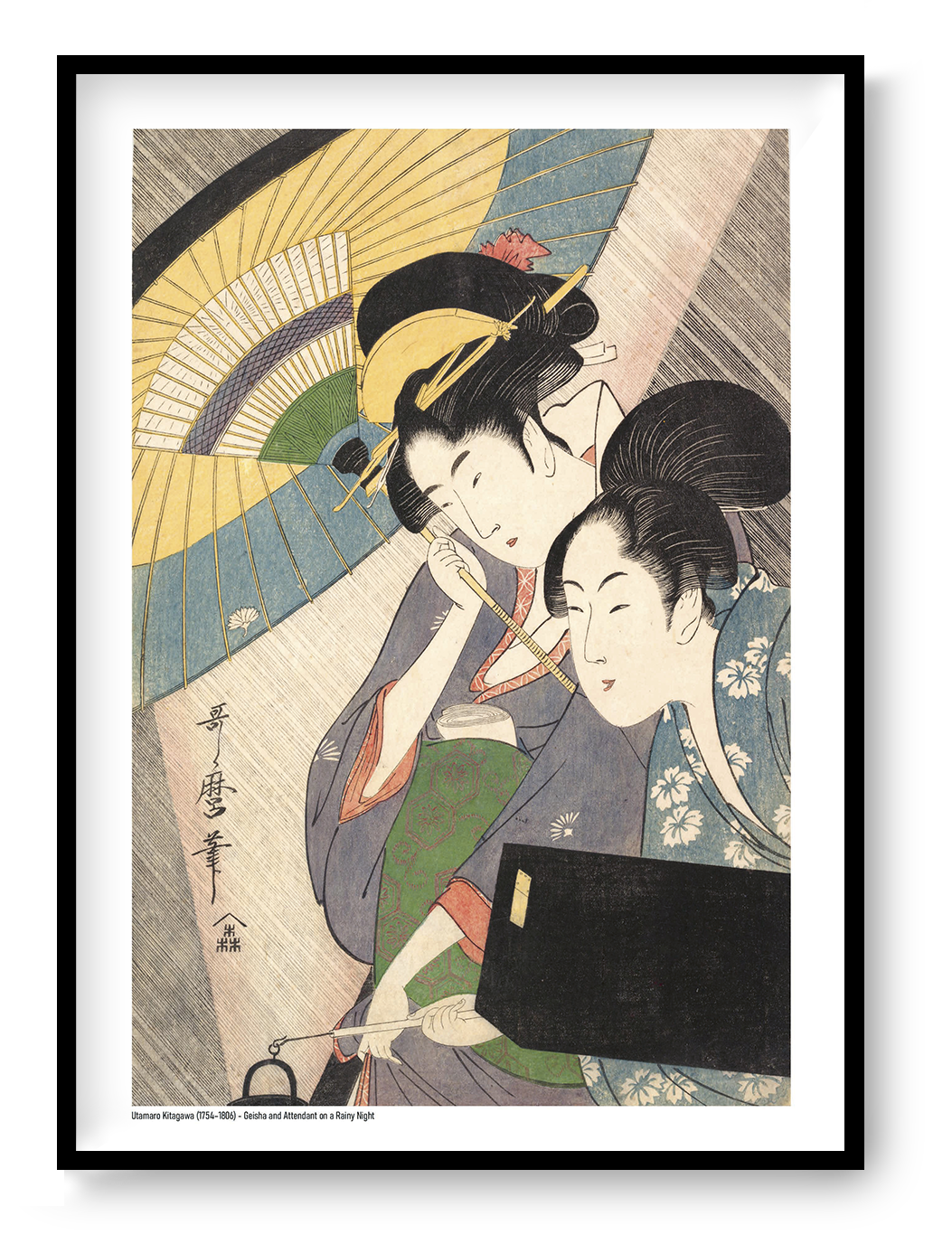 Vertical Japanese ukiyo-e artwork by Kitagawa Utamaro showing a geisha and her attendant beneath layered umbrellas on a rainy night, with muted blue, yellow, green and pink tones, reproduced as an A4 giclée print for elegant wall decor.