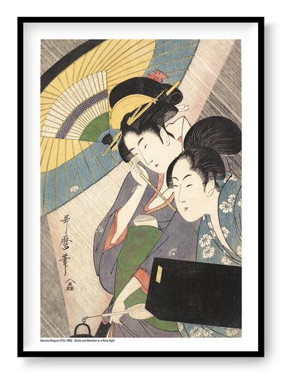 Vertical Japanese ukiyo-e artwork by Kitagawa Utamaro showing a geisha and her attendant beneath layered umbrellas on a rainy night, with muted blue, yellow, green and pink tones, reproduced as an A4 giclée print for elegant wall decor.