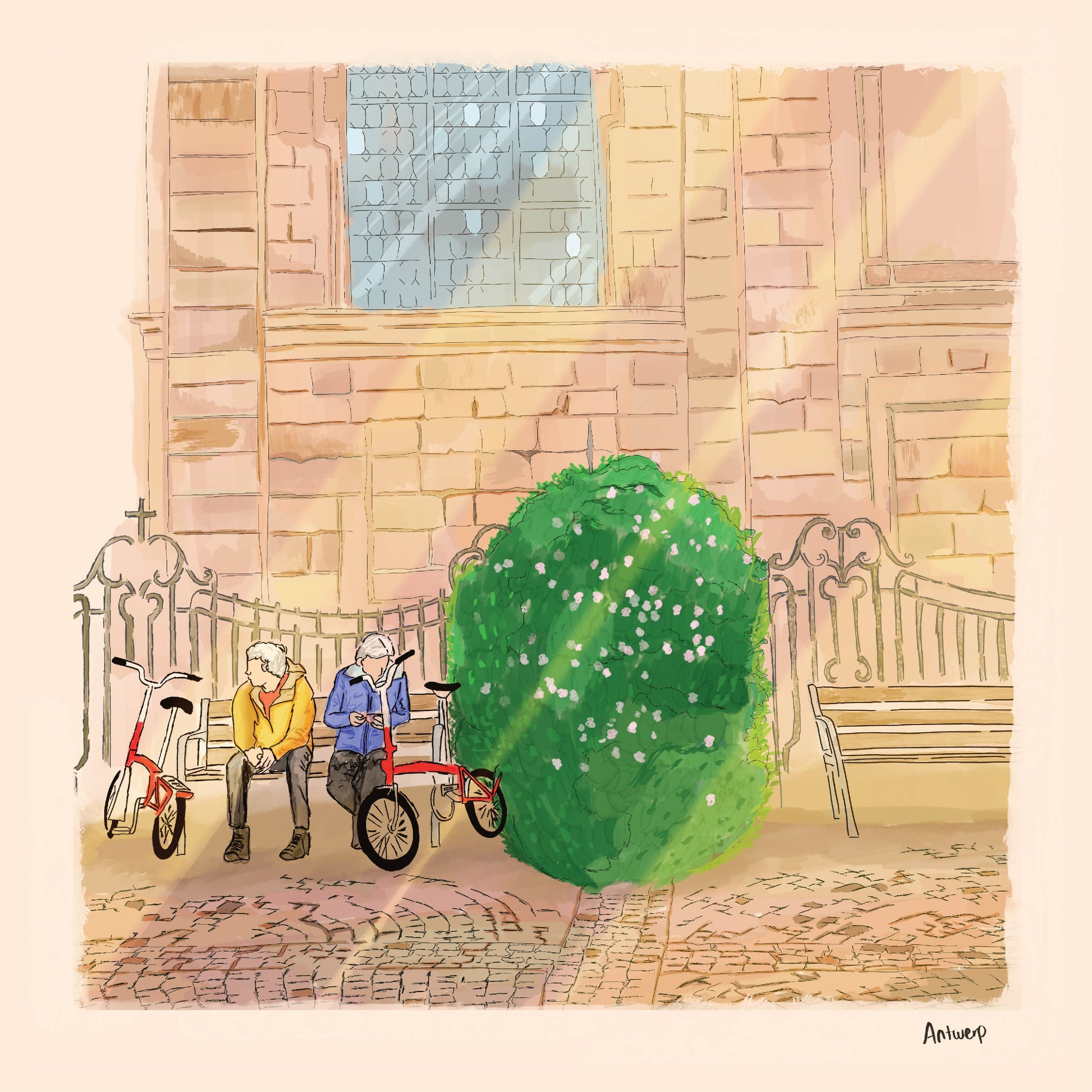 Whimsical cityscape art print of Hendrik Conscienceplein by Valeria Maggiani – charming square scene in Antwerp with two elderly figures and bicycles, printed in warm tones on 29x29 cm fine art paper.