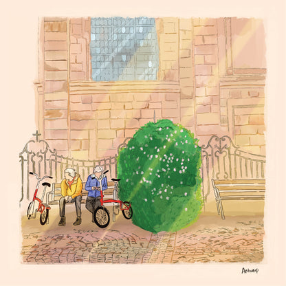 Whimsical cityscape art print of Hendrik Conscienceplein by Valeria Maggiani – charming square scene in Antwerp with two elderly figures and bicycles, printed in warm tones on 29x29 cm fine art paper.