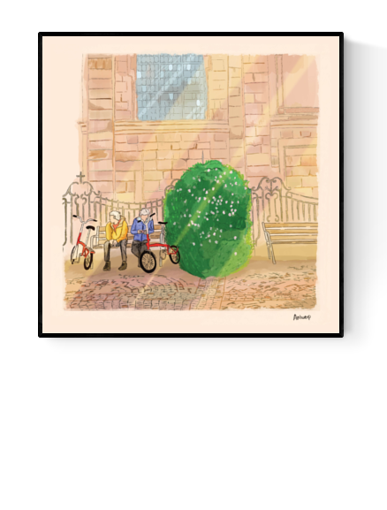 Whimsical cityscape art print of Hendrik Conscienceplein by Valeria Maggiani – charming square scene in Antwerp with two elderly figures and bicycles, printed in warm tones on 29x29 cm fine art paper.