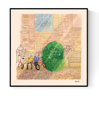 Whimsical cityscape art print of Hendrik Conscienceplein by Valeria Maggiani – charming square scene in Antwerp with two elderly figures and bicycles, printed in warm tones on 29x29 cm fine art paper.