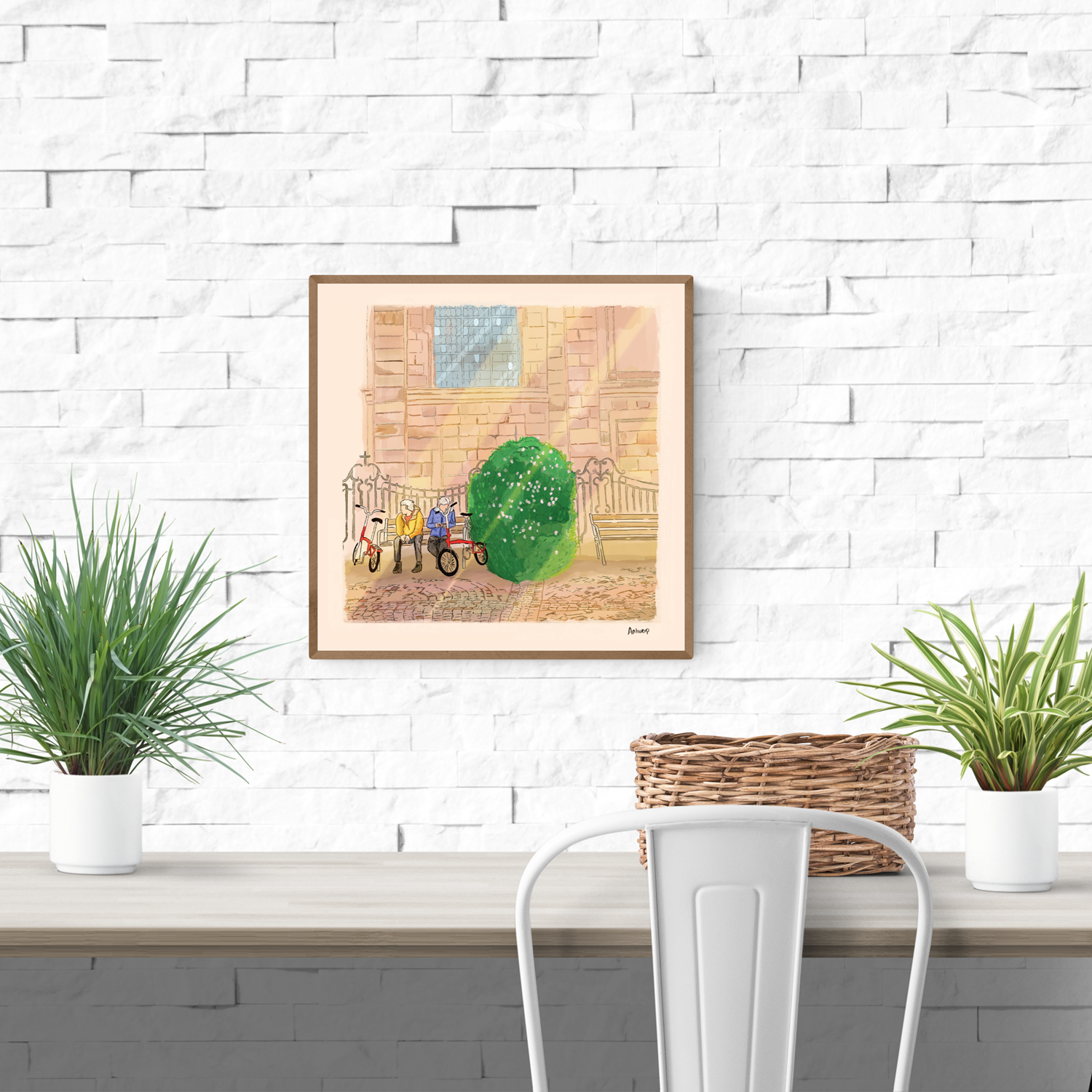 Whimsical cityscape art print of Hendrik Conscienceplein by Valeria Maggiani – charming square scene in Antwerp with two elderly figures and bicycles, printed in warm tones on 29x29 cm fine art paper.