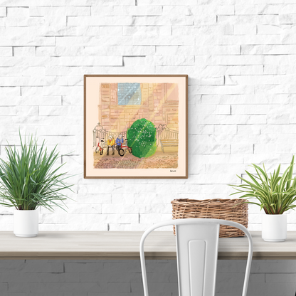 Whimsical cityscape art print of Hendrik Conscienceplein by Valeria Maggiani – charming square scene in Antwerp with two elderly figures and bicycles, printed in warm tones on 29x29 cm fine art paper.