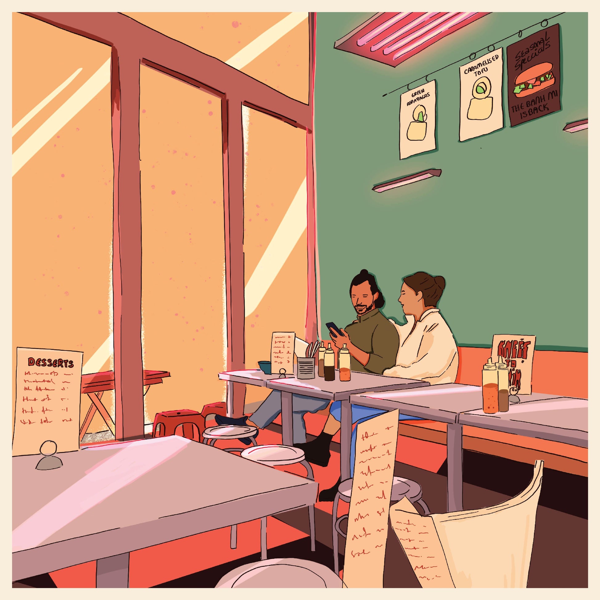 Illustration of a cozy noodle diner scene with a couple sharing a meal by the window – Noodles 'n love by Valeria Maggiani, square art print.