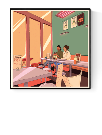 Illustration of a cozy noodle diner scene with a couple sharing a meal by the window – Noodles 'n love by Valeria Maggiani, square art print.