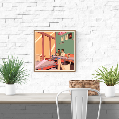 Illustration of a cozy noodle diner scene with a couple sharing a meal by the window – Noodles 'n love by Valeria Maggiani, square art print.