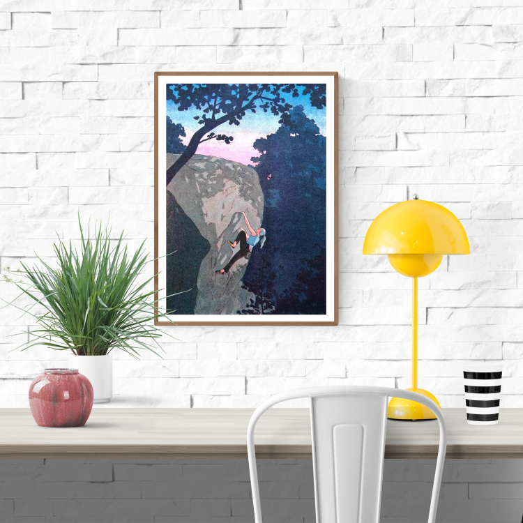 Expressive illustration by Victor Pellet titled 'Ascension Crépusculaire,' depicting a female rock climber ascending a rugged cliff face at dusk. Framed by silhouettes of trees and a soft pink-blue twilight sky, this atmospheric artwork captures the strength, solitude, and serenity of climbing in nature—ideal for outdoor enthusiasts, adventure art collectors, and modern interiors