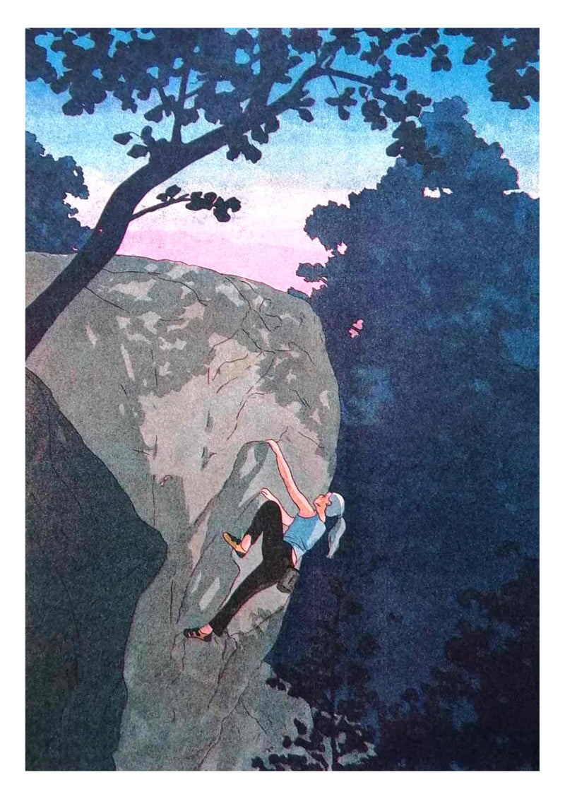 Expressive illustration by Victor Pellet titled 'Ascension Crépusculaire,' depicting a female rock climber ascending a rugged cliff face at dusk. Framed by silhouettes of trees and a soft pink-blue twilight sky, this atmospheric artwork captures the strength, solitude, and serenity of climbing in nature—ideal for outdoor enthusiasts, adventure art collectors, and modern interiors
