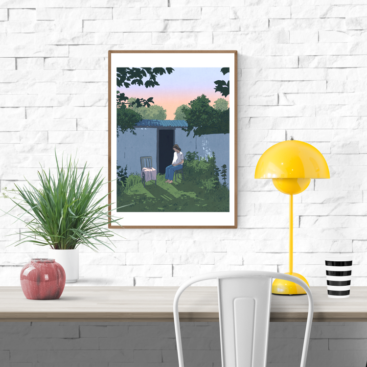 Peaceful and contemplative illustration by Victor Pellet titled 'Au Jardin,' showing a young woman seated quietly in a lush backyard garden at dusk. Framed by greenery, soft shadows, and a pastel sunset sky, this intimate scene evokes solitude, reflection, and the quiet beauty of everyday moments—perfect for minimalist interiors and lovers of poetic, narrative-driven art