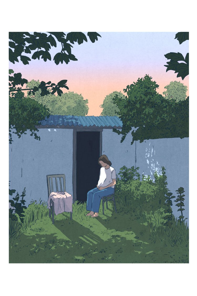 Peaceful and contemplative illustration by Victor Pellet titled 'Au Jardin,' showing a young woman seated quietly in a lush backyard garden at dusk. Framed by greenery, soft shadows, and a pastel sunset sky, this intimate scene evokes solitude, reflection, and the quiet beauty of everyday moments—perfect for minimalist interiors and lovers of poetic, narrative-driven art