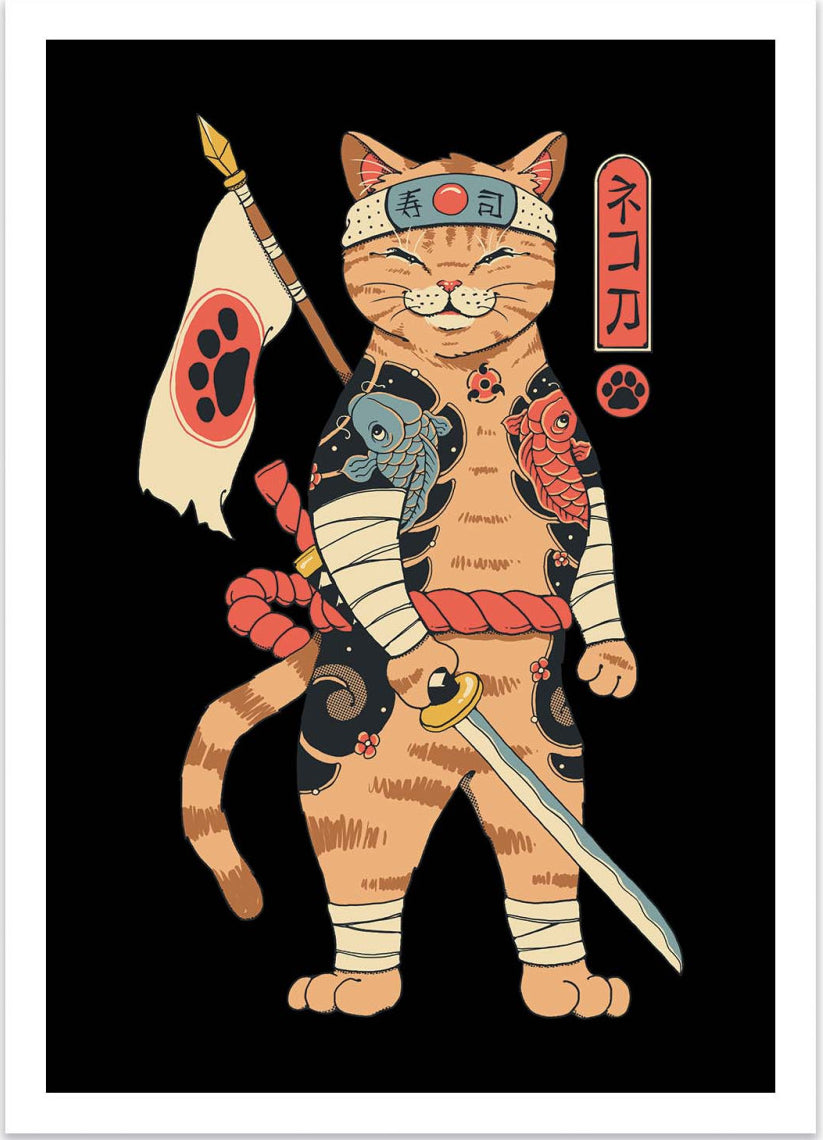 Neko Shogun by Vincent Trinidad – 30x40 cm art print of a samurai warrior cat with koi tattoos, Japanese flag, and sword. Bold, colorful pop culture artwork for modern wall decor and anime-inspired interiors.