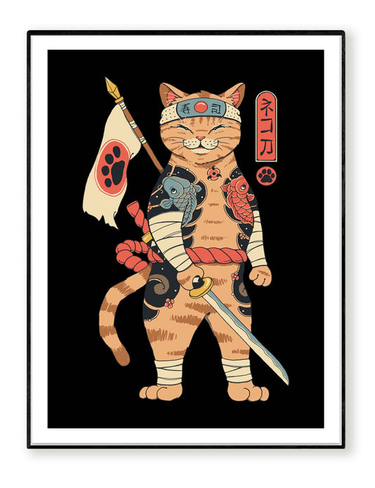 Neko Shogun by Vincent Trinidad – 30x40 cm art print of a samurai warrior cat with koi tattoos, Japanese flag, and sword. Bold, colorful pop culture artwork for modern wall decor and anime-inspired interiors.