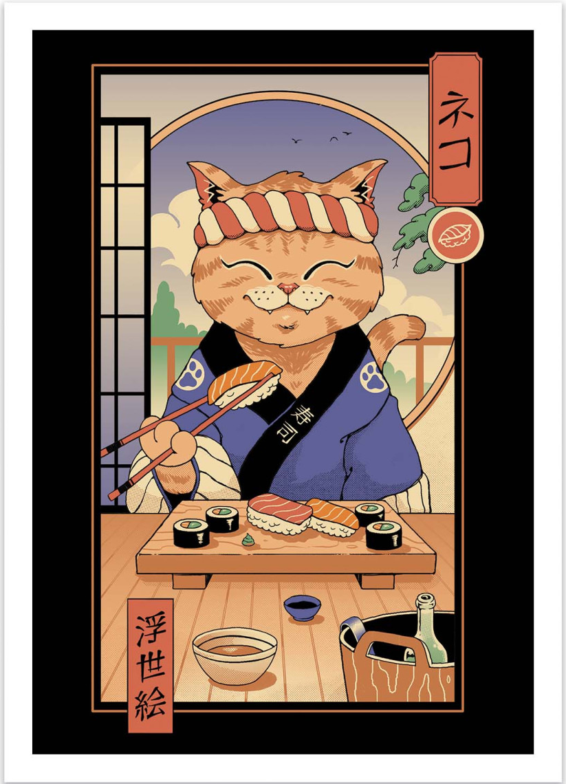 Sushi Cat in Edo by Vincent Trinidad – 30x40 cm Japanese pop art print of a smiling cat sushi chef in traditional Edo attire, preparing nigiri and sushi rolls with chopsticks, playful wall decor for Japanese culture and food lovers.