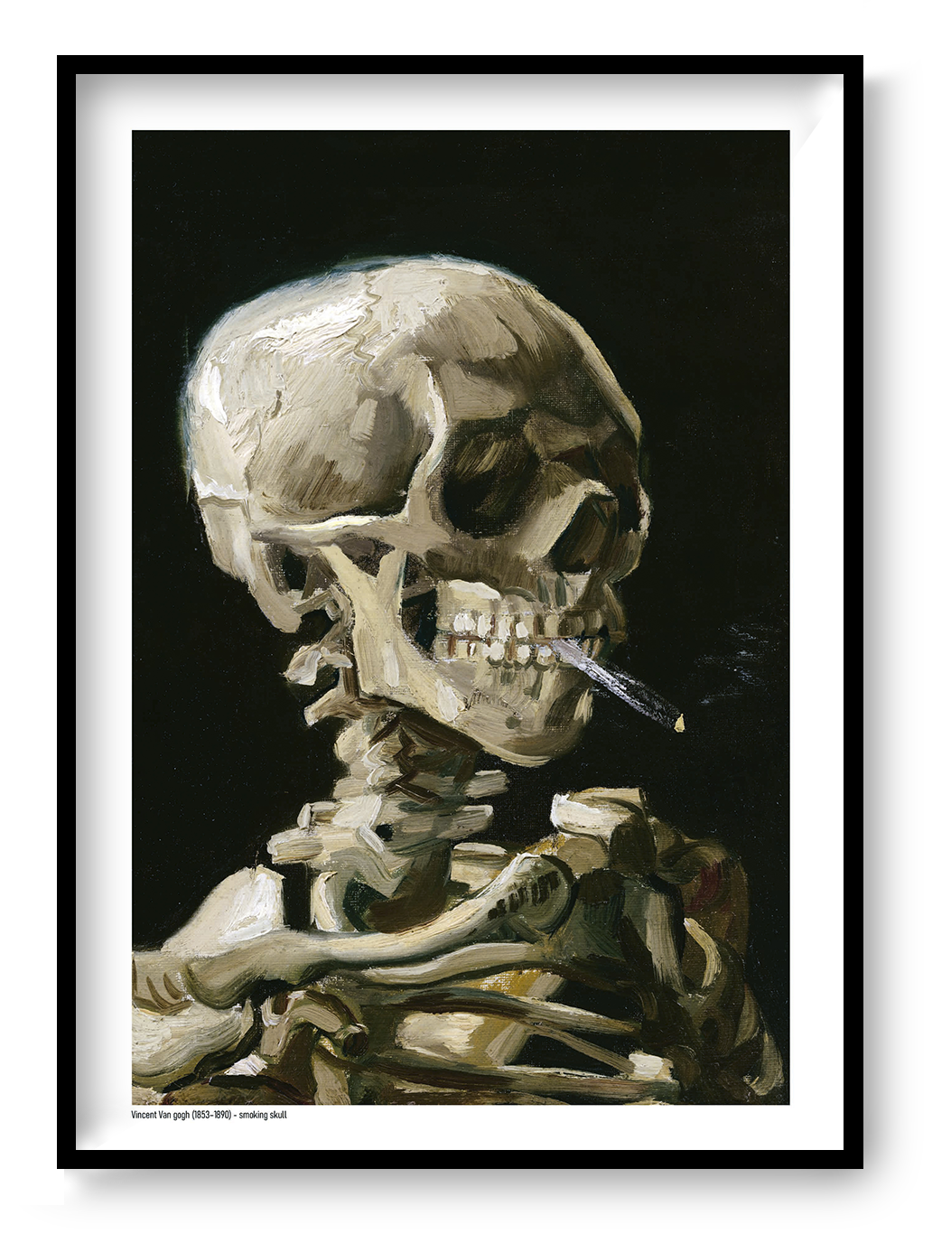 Vertical digital art print of a smoking human skeleton by Vincent van Gogh, painted in expressive beige, brown and olive tones against a deep black background, ideal for bold wall art, offices, studios and eclectic home decor.