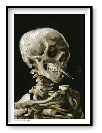 Vertical digital art print of a smoking human skeleton by Vincent van Gogh, painted in expressive beige, brown and olive tones against a deep black background, ideal for bold wall art, offices, studios and eclectic home decor.