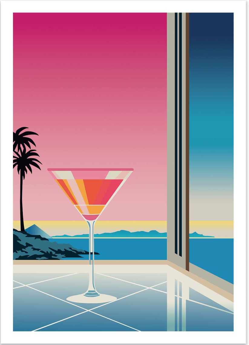 Fantasy Martini by Vistas Studio – 30x40 cm minimalist art print of a martini glass with a colorful sunset view by the sea. Elegant coastal wall art featuring palm trees, ocean horizon, and architectural lines. Perfect modern summer decor, printed on FSC-certified paper.