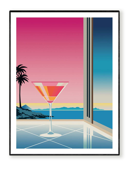 Fantasy Martini by Vistas Studio – 30x40 cm minimalist art print of a martini glass with a colorful sunset view by the sea. Elegant coastal wall art featuring palm trees, ocean horizon, and architectural lines. Perfect modern summer decor, printed on FSC-certified paper.