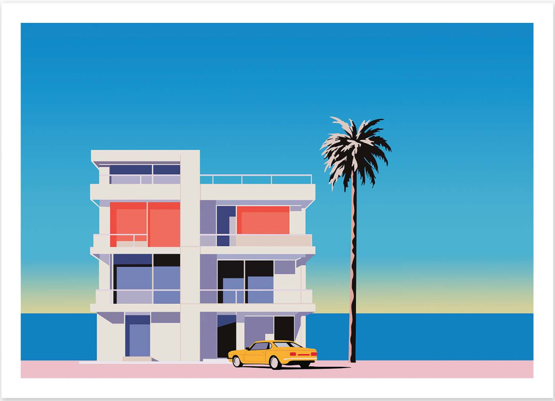Summer by Vistas Studio – 30x40 cm art print of a modern seaside villa with palm tree, blue ocean, and yellow car, minimalist vector coastal architecture illustration, perfect wall decor for beach houses and modern interiors.
