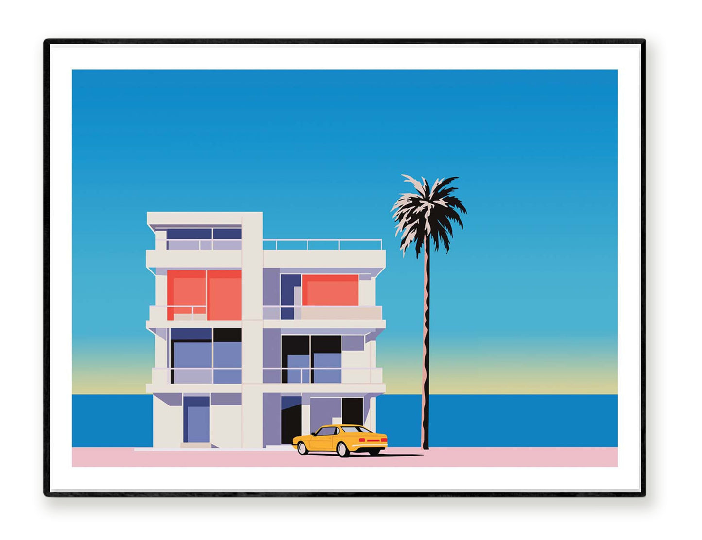 Summer by Vistas Studio – 30x40 cm art print of a modern seaside villa with palm tree, blue ocean, and yellow car, minimalist vector coastal architecture illustration, perfect wall decor for beach houses and modern interiors.