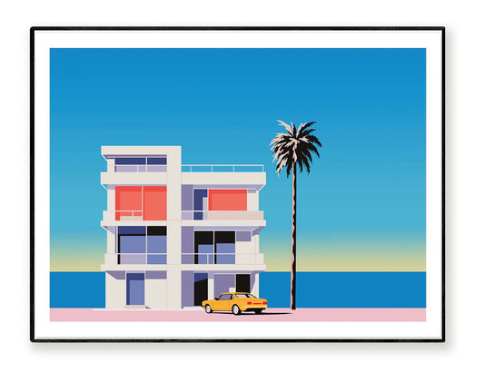 Summer by Vistas Studio – 30x40 cm art print of a modern seaside villa with palm tree, blue ocean, and yellow car, minimalist vector coastal architecture illustration, perfect wall decor for beach houses and modern interiors.