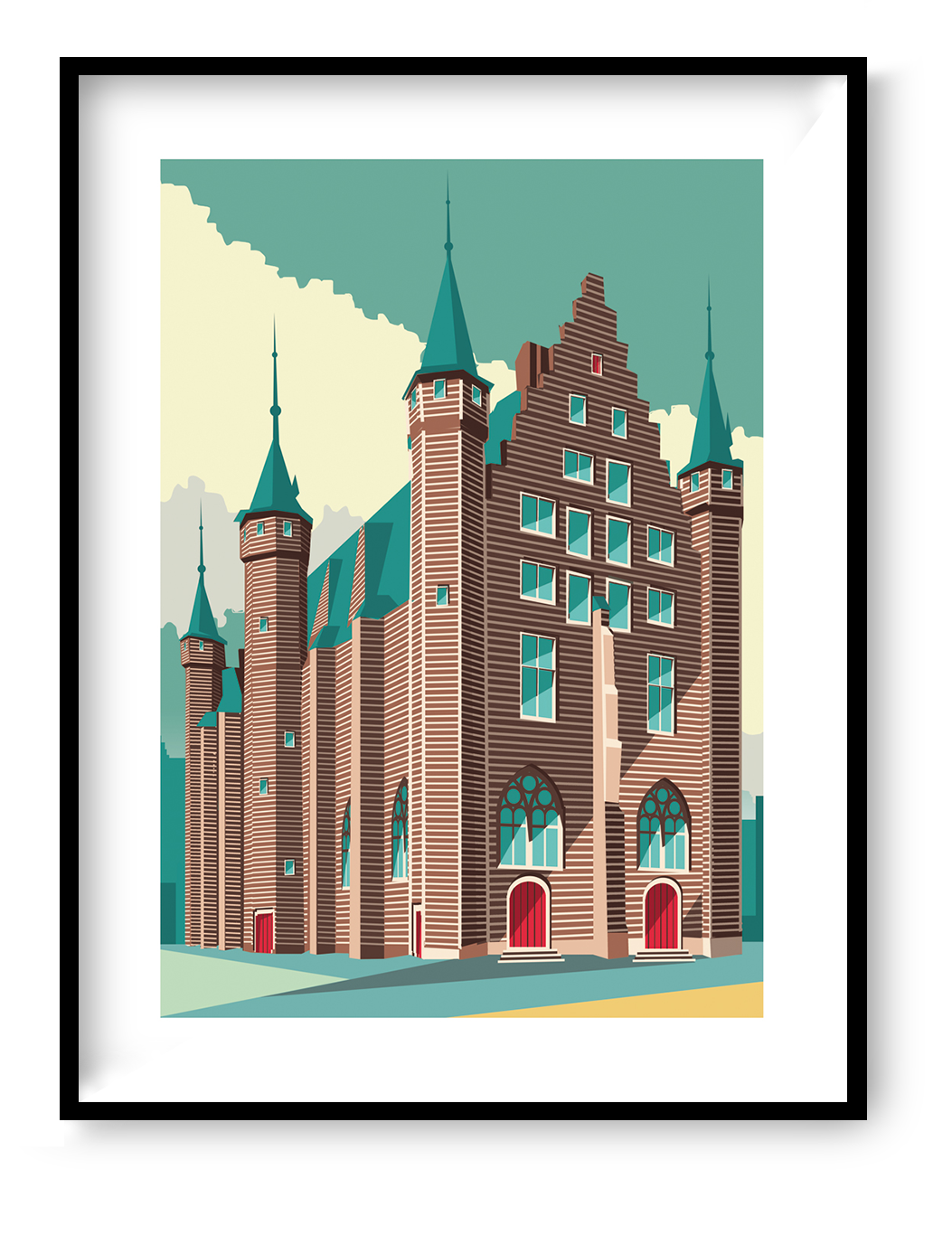 Vleeshuis Antwerp architectural illustration art print showing the historic medieval building with towers and red doors in a modern graphic style, 30x40 cm wall art
