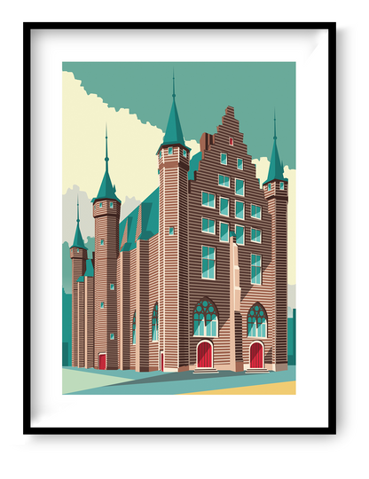 Vleeshuis Antwerp architectural illustration art print showing the historic medieval building with towers and red doors in a modern graphic style, 30x40 cm wall art